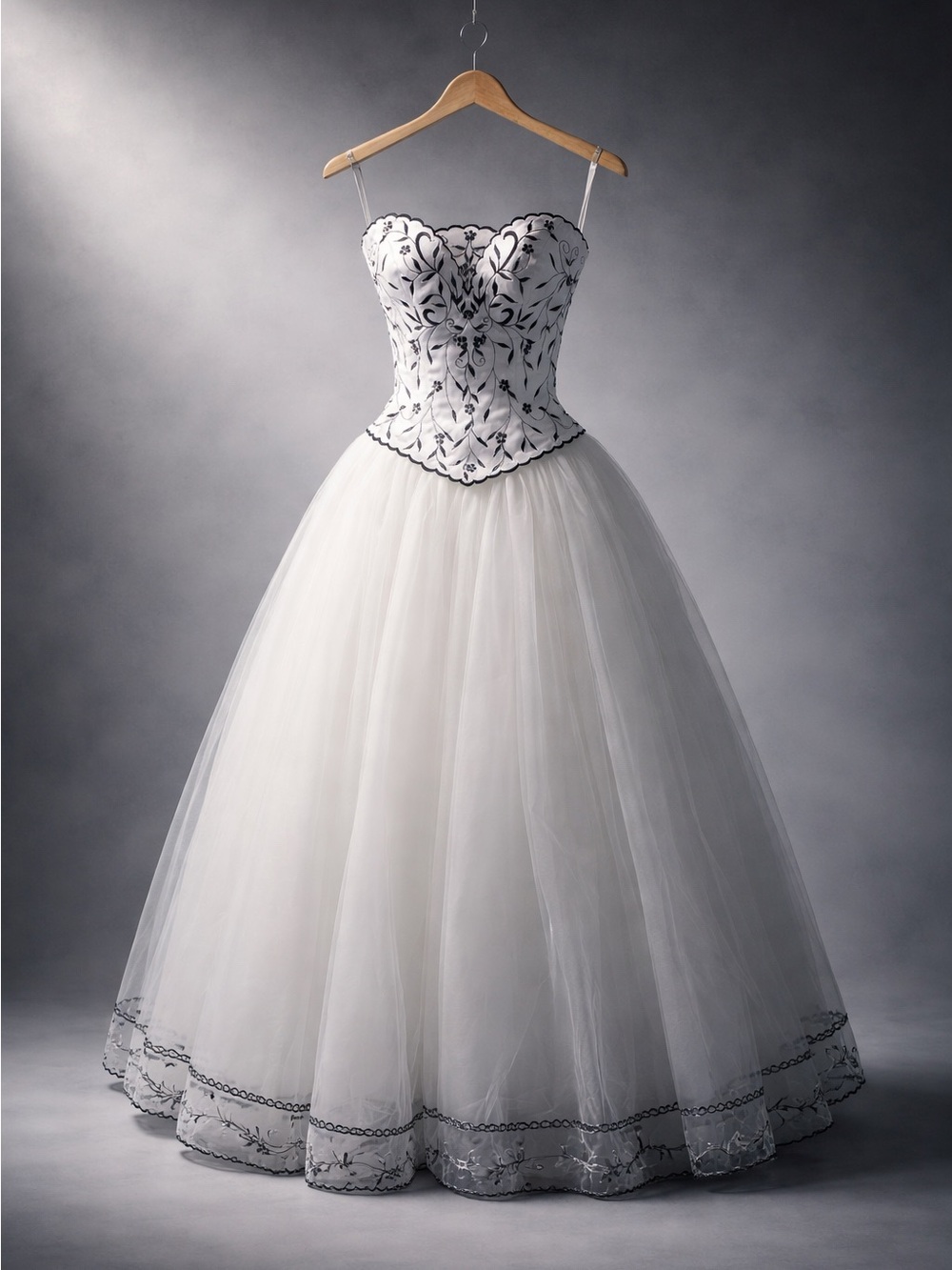 Angelina Strapless White Ball Gown with Black Embroidery